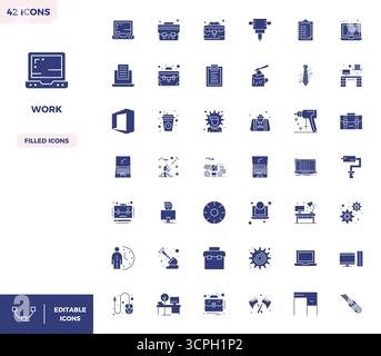 Essential pack of 42 PIXEL perfect vector icons for Work in Filled format, sized at 128x128 for optimal performance and scalability. Stock Vector