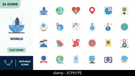 Complete package of 24 vector icons themed around World, showcasing Flat Color design in 128x128 PIXEL perfect quality for modern interfaces. Stock Vector
