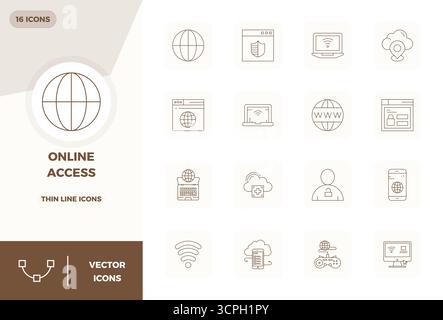 Essential pack of 16 PIXEL perfect vector icons for Online Access in Thin Line format, sized at 128x128 for optimal performance and scalability. Stock Vector