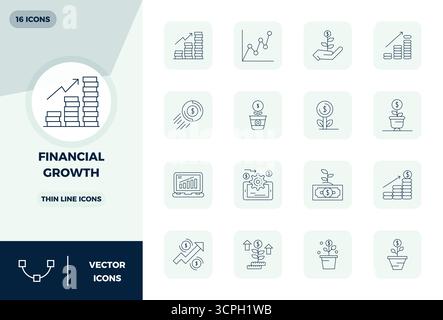 Comprehensive toolkit of 16 vector icons themed around Financial Growth, developed in Thin Line with 128x128 PIXEL perfect precision for versatile des Stock Vector