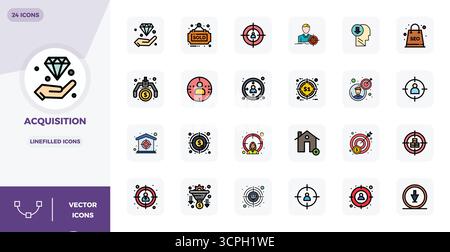 Thoughtfully designed 24 vector icons themed around Acquisition, crafted in LineFilled with 128x128 PIXEL perfect precision for contemporary design ne Stock Vector