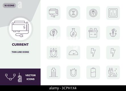 Comprehensive toolkit of 16 vector icons themed around Current, developed in Thin Line with 128x128 PIXEL perfect precision for versatile design appli Stock Vector