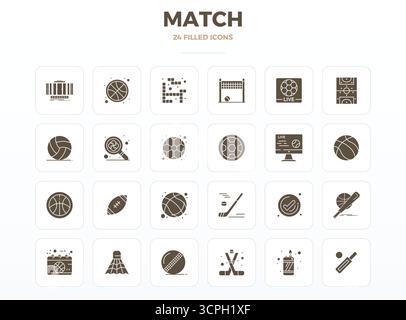 Masterfully created 24 vector icons representing Match in SolidFill design, featuring 128x128 PIXEL perfect resolution for exceptional visual quality. Stock Vector