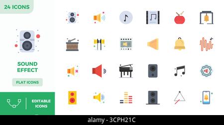 Strategic bundle featuring 24 vector icons representing Sound Effect in Flat Color format, optimized with 128x128 PIXEL perfect quality for profession Stock Vector