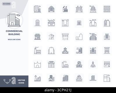 Artfully designed 36 Bold Line PIXEL perfect vector icons for Commercial Building, delivered in 128x128 format for consistent visual excellence. Stock Vector