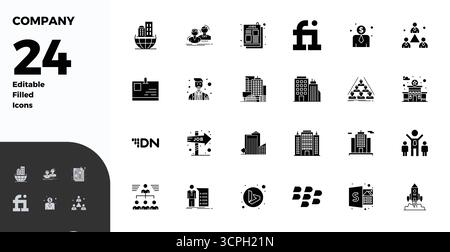 Perfectly balanced 24 Glyph Filled PIXEL perfect vector icons for Company, sized at 128x128 for harmonious integration in digital design projects. Stock Vector