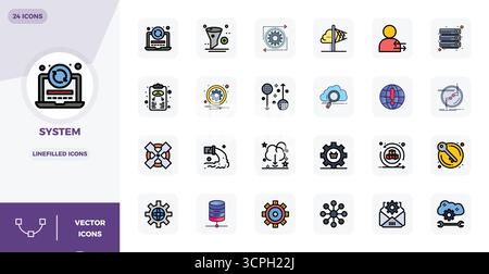 Masterfully created 24 vector icons representing System in LineFilled design, featuring 128x128 PIXEL perfect resolution for exceptional visual qualit Stock Vector