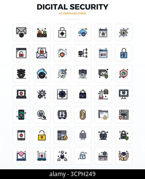 Refined bundle featuring 42 LineFill vector icons for Digital Security, optimized with 128x128 PIXEL perfect quality for elegant and functional design Stock Vector