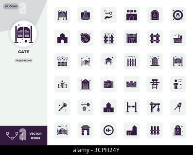 Download 36 scalable Filled vector icons designed for Gate, featuring PIXEL perfect 128x128 resolution suitable for professional and creative projects Stock Vector
