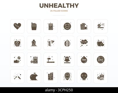Refined bundle featuring 24 SolidFill vector icons for Unhealthy, optimized with 128x128 PIXEL perfect quality for elegant and functional design solut Stock Vector