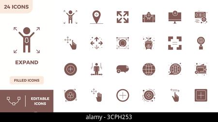 Professionally designed 24 vector icons in Filled, capturing the essence of Expand with 128x128 PIXEL perfect precision for UI design. Stock Vector