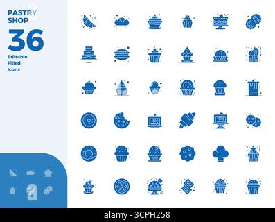 Expertly designed 36 Glyph Filled PIXEL perfect vector icons for Pastry Shop, engineered at 128x128 resolution for flawless integration and performanc Stock Vector