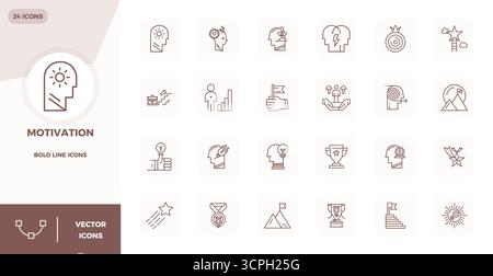 Thoughtfully designed 24 vector icons themed around Motivation, crafted in Bold Line with 128x128 PIXEL perfect precision for contemporary design need Stock Vector