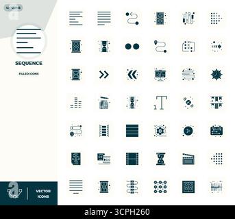 Sophisticated bundle of 42 Filled vector icons for Sequence, engineered with 128x128 PIXEL perfect clarity for professional applications. Stock Vector