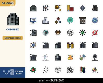 Strategic bundle featuring 36 vector icons representing Complex in Flat Lineal Color format, optimized with 128x128 PIXEL perfect quality for professi Stock Vector