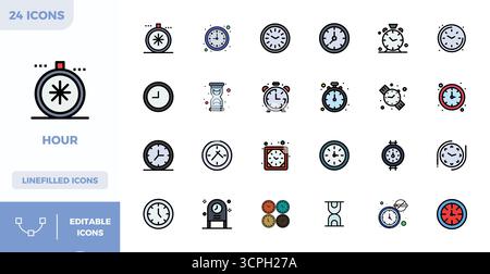 State-of-the-art bundle featuring 24 PIXEL perfect vector icons inspired by Hour, created in Flat Lineal Color format at 128x128 for next-generation i Stock Vector
