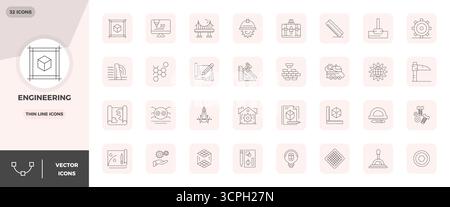 Transform your designs with 32 Thin Line vector icons themed around Engineering, engineered in 128x128 PIXEL perfect resolution for maximum clarity. Stock Vector
