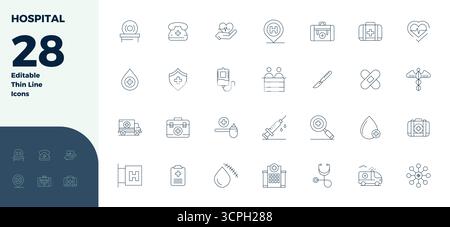 Enhance your projects with 28 Thin Line vector icons themed around Hospital, featuring 128x128 PIXEL perfect resolution ideal for clean and profession Stock Vector