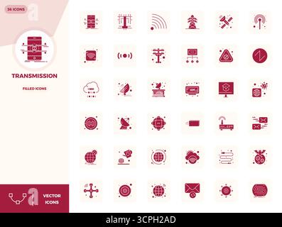 Masterfully created 36 vector icons representing Transmission in Filled design, featuring 128x128 PIXEL perfect resolution for exceptional visual qual Stock Vector
