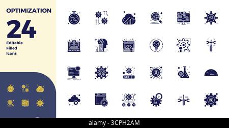 Professional-grade collection of 24 Glyph Filled vector icons representing Optimization, crafted with 128x128 PIXEL perfect precision for enterprise a Stock Vector
