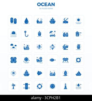 Set of 36 SolidFill PIXEL perfect vector icons themed around Ocean, crafted in 128x128 resolution for seamless integration in apps and websites. Stock Vector