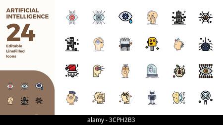 Masterfully created 24 vector icons representing Artificial Intelligence in Duotone design, featuring 128x128 PIXEL perfect resolution for exceptional Stock Vector