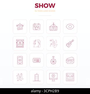 Exceptional collection of 16 Thin Outline vector icons for Show, delivered in 128x128 PIXEL perfect resolution for unparalleled visual excellence and Stock Vector