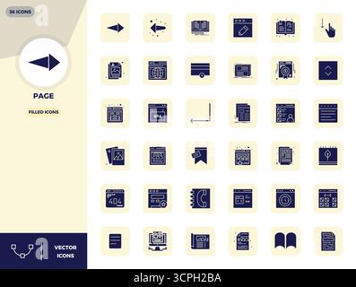 Download 36 scalable Filled vector icons designed for Page, featuring PIXEL perfect 128x128 resolution suitable for professional and creative projects Stock Vector