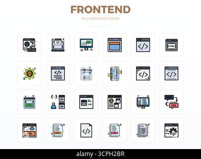 A clean collection of 24 LineFill vector icons representing FrontEnd, designed in 128x128 PIXEL perfect format for modern dashboards and interfaces. Stock Vector