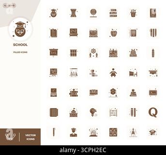 Vector pack with 42 Filled PIXEL perfect icons inspired by School, delivered in 128x128 resolution ideal for scalable and creative design work. Stock Vector