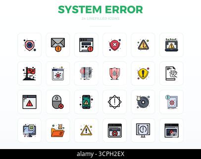 Exceptional collection of 24 LineFill vector icons for System Error, delivered in 128x128 PIXEL perfect resolution for unparalleled visual excellence Stock Vector