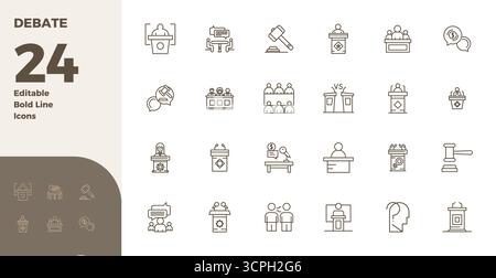 This collection features 24 Bold Line PIXEL perfect vector icons tailored to the Debate theme, optimized in 128x128 format for digital design. Stock Vector