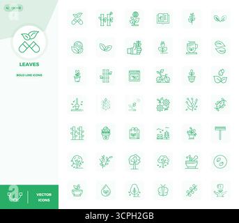 Streamlined set of 42 vector icons for Leaves in Bold Line aesthetic, featuring 128x128 PIXEL perfect resolution for seamless user experiences. Stock Vector