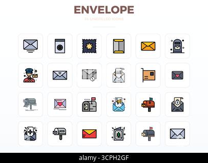 Enhance your projects with 24 LineFill vector icons themed around Envelope, featuring 128x128 PIXEL perfect resolution ideal for clean and professiona Stock Vector