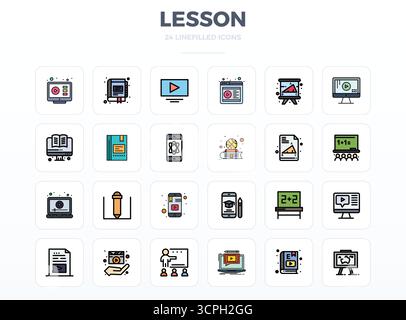 Comprehensive toolkit of 24 vector icons themed around Lesson, developed in LineFill with 128x128 PIXEL perfect precision for versatile design applica Stock Vector