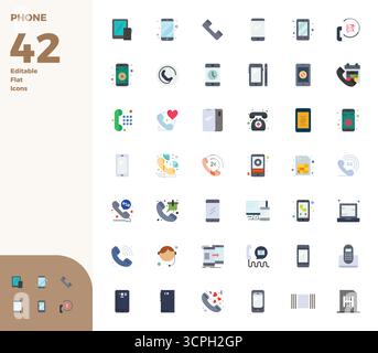 Perfectly balanced 42 Flat PIXEL perfect vector icons for Phone, sized at 128x128 for harmonious integration in digital design projects. Stock Vector
