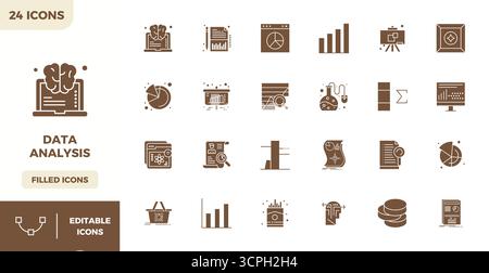 Contemporary collection of 24 vector icons representing Data Analysis in Filled aesthetic, featuring 128x128 PIXEL perfect resolution for modern appli Stock Vector