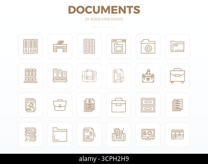 Artfully designed 24 Strong Outline PIXEL perfect vector icons for Documents, delivered in 128x128 format for consistent visual excellence. Stock Vector