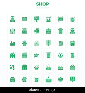 Professional-grade collection of 36 SolidFill vector icons representing Shop, crafted with 128x128 PIXEL perfect precision for enterprise applications Stock Vector