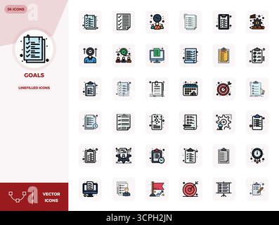 Advanced collection of 36 PIXEL perfect vector icons inspired by Goals, crafted in LineFilled with 128x128 optimization for superior visual performanc Stock Vector