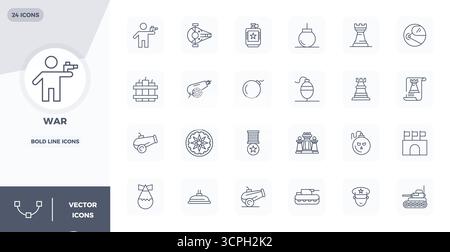 A clean collection of 24 Bold Line vector icons representing War, designed in 128x128 PIXEL perfect format for modern dashboards and interfaces. Stock Vector