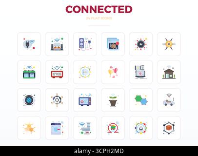 Industry-leading pack of 24 Minimal Flat PIXEL perfect vector icons for Connected, sized at 128x128 for optimal rendering and user interface excellenc Stock Vector