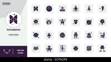 Complete package of 24 vector icons themed around Futuristic, showcasing Filled design in 128x128 PIXEL perfect quality for modern interfaces. Stock Vector