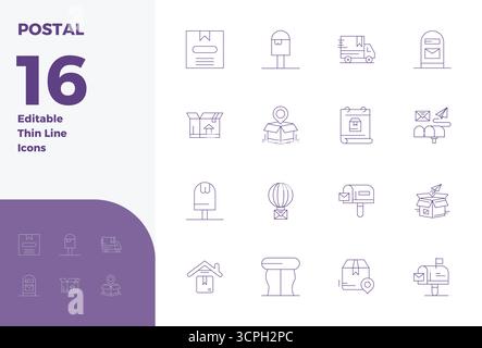 Exclusive collection of 16 Thin Line vector icons for Postal, developed with 128x128 PIXEL perfect resolution for premium brand experiences. Stock Vector
