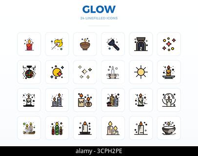 Beautifully rendered 24 LineFill PIXEL perfect vector icons for Glow, created at 128x128 resolution for stunning visual consistency across platforms. Stock Vector