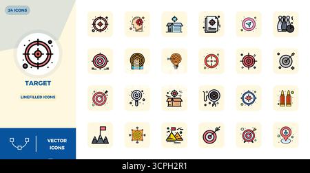 Revolutionary set of 24 PIXEL perfect vector icons inspired by Target, created in LineFilled format at 128x128 resolution for cutting-edge design. Stock Vector