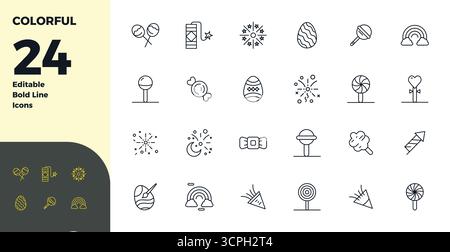Professionally designed 24 vector icons in Bold Line, capturing the essence of Colorful with 128x128 PIXEL perfect precision for UI design. Stock Vector