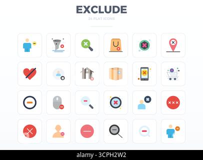 Industry-leading pack of 24 Minimal Flat PIXEL perfect vector icons for Exclude, sized at 128x128 for optimal rendering and user interface excellence. Stock Vector