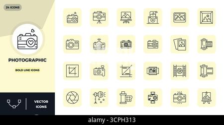 Set of 24 Bold Line PIXEL perfect vector icons themed around Photographic, crafted in 128x128 resolution for seamless integration in apps and websites Stock Vector