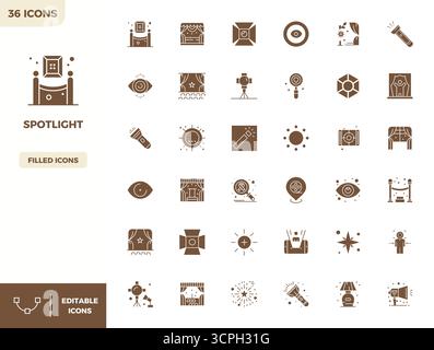 Exceptional collection of 36 Filled vector icons for Spotlight, delivered in 128x128 PIXEL perfect resolution for unparalleled visual excellence and u Stock Vector